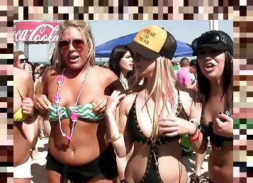 Blazing outdoors bikini party with doting amateur cowgirls