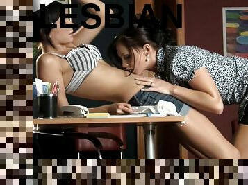 Sultry brunettes secretaries have hot lesbian sex in the office