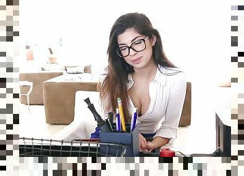 Nerdy secretary blows her boss and gets fucked in the office