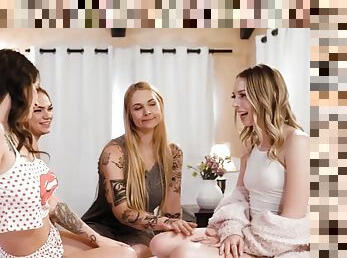 Stepmom joins her stepdaughter and her friends quiz Sarah Vandella, Athena Faris, Lily Larimar