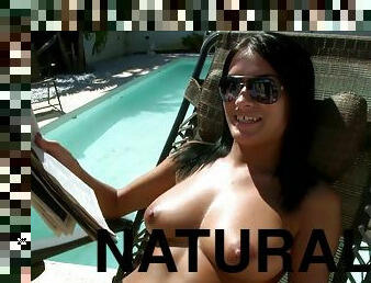 Affectionate brunette with natural tits in bikini giving huge dick handjob in pov shoot