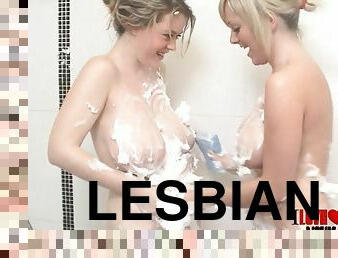 Babes with big tits gets soapy while taking shower in lesbians action