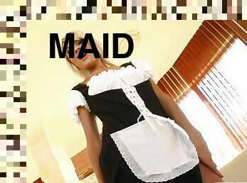 Sweet blonde in maid uniform rides a dick and drinks cum