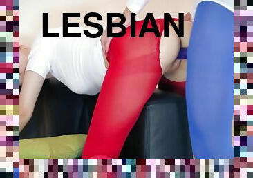 A Lesbian Has Her Pussy Fucked Through Her Torn Colored Tights