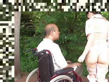 Subtitled bizarre Japanese half naked caregiver outdoors