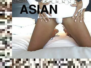 Asian tranny in a very short skirt and goes skinny dipping