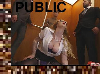 Threesome in an elevator with this big tits secretary
