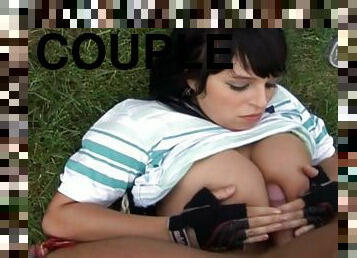 Golfing couple in amazing titty fucking and anal outdoor action