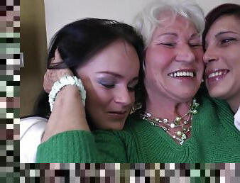 Dirty granny enjoys getting her pussy licked by two younger babes
