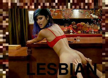 Lesbian punk with blue hair has sex with a babe in the bar