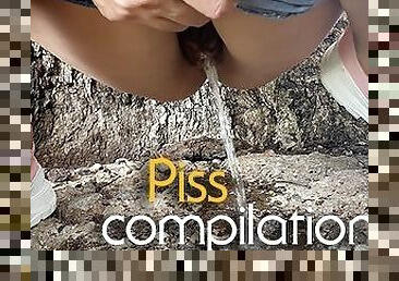 Miss Hairy pissing on the highway, close up, compilation