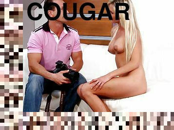 Naughty blonde cougar with big tits getting her wet pussy licked and fingered