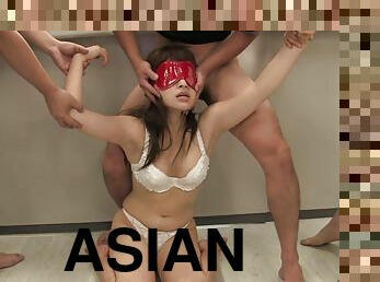 Asian slut in underwear sucks several cocks before being caged
