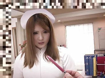 Asian nurse with big tits on her knees sucking dick