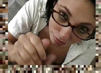 Cute bookworm with glasses smothers cock with her hands
