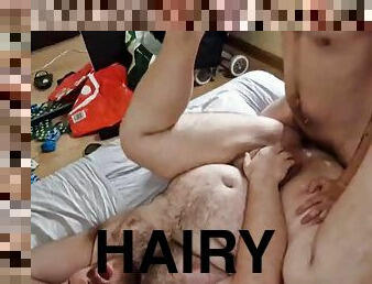 Threesome of hairy fat men suck each others cocks and fuck each other bareback