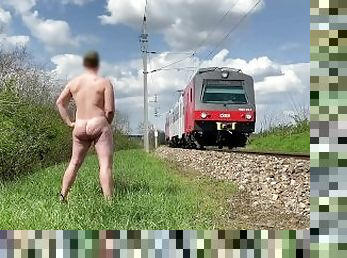 Public flashing train completely naked