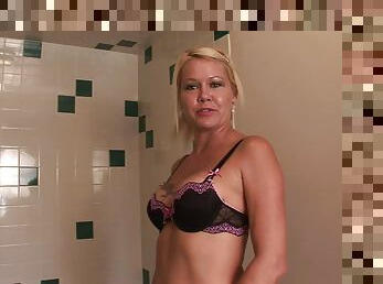 Tattooed Cougar With Natural Tits In Panties Taking Shower