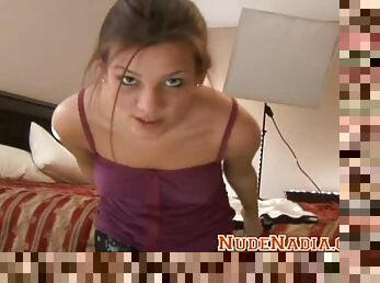 Teasing brunette teen Nadia in her cute French maid outfit