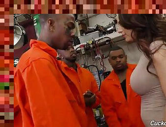 Busty babe gets gangbanged by black thugs while cuckold watches