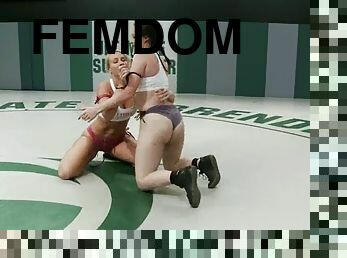 Maggie Mayhem gets beaten and fucked by Mellanie Monroe on tatami