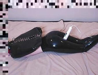 Tiny Bondage Slut Trying To Get Off In A Latex Armbinder And Breath Play Hood