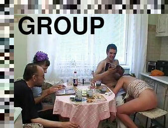 fuld, russisk, swingere, amatør, hardcore, gruppesex-groupsex, køkken, firkanter, våd, brunette