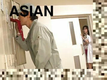 Asian in Glasses Meisa Chibana Handjobs and Blowjobs the Janitor