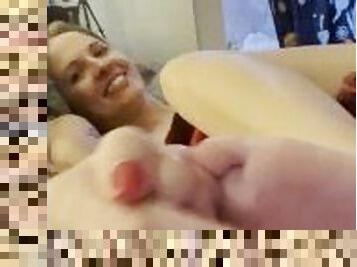 Relaxing foot job???? Cute mom strokes my cock with her red toes ????????