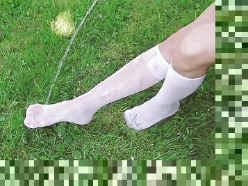Wet White Nylons Outdoor On Grass