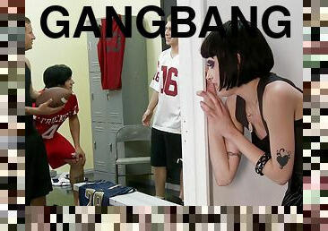 Talking of gang bang; ask these boys who pounded on a horny brunette at the locker room