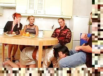 At a dinner party everyone gets crazy during group sex in the kitchen