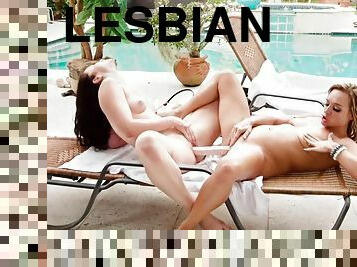 Young lesbians share a double dildo poolside