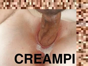 fitta-pussy, amatör, creampie, par, rakad, vit, vått, saftig