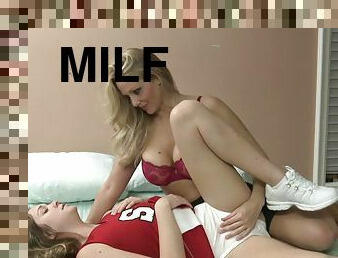 A coed cheerleader hooks up with a MILF and learns to eat pussy