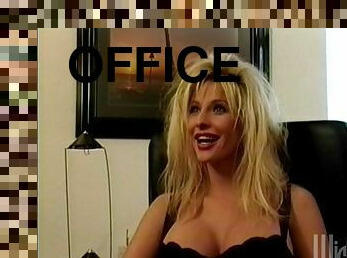 Three sex dolls on two huge cocks in the office