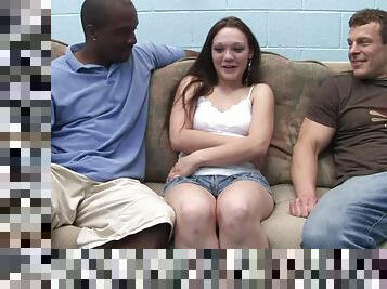 Crystal Clear in shorts enjoys being banged in an interracial threesome scene