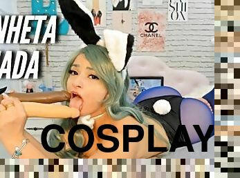 Bulma bunny cosplay twerking and sucking two big dildos, white toy and BBC toy, perfect blowjob