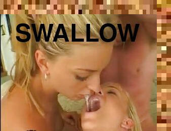 Two sweet looking blonde girls swap his cum back and forth