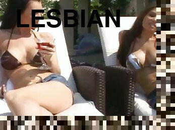 Poolside lesbian plays with three sexy babes