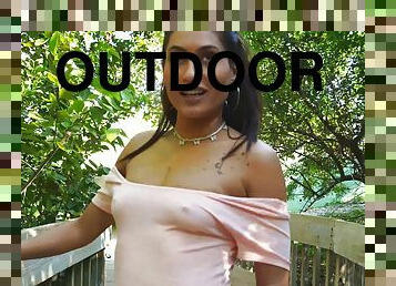 Horny solo girl Sommer shows her pussy and asshole outdoors