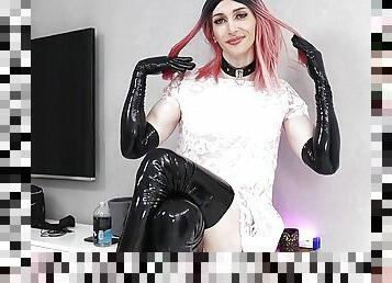 Crossdresser Putting On Long Latex Gloves