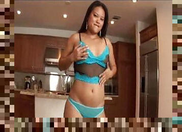 Cute Asian yummy in blue and black lingerie