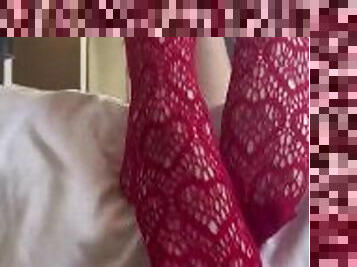 Sexy petite blonde teen teases in red lingerie and shows feet in stockings