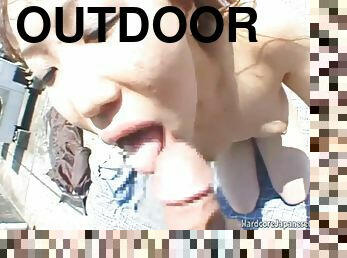 Outdoor asian fuck slut is fingered then sucks