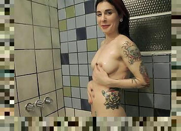 Very hot goth MILF Joanna Angel soaping up in the shower