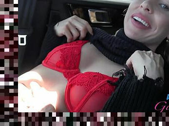 Blonde Summer Vixen gives her boyfriend a blowjob in the car