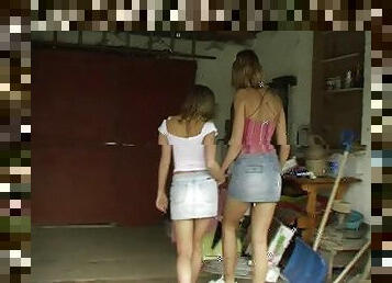 Girls in denim skirts are horny for lesbian toy fun