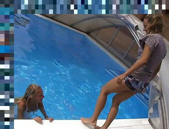 Two hot girls go skinny dipping in the pool and eat some pussy