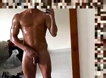 Uncut stud with iPhone gets naked after gym session